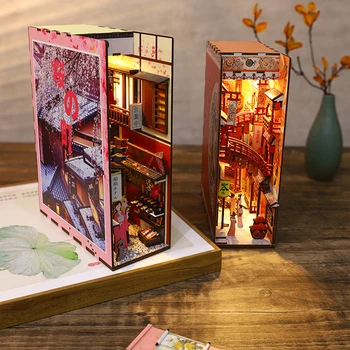 DIY Yaratıcı Bookend Ahşap Dollhouse Ev Dekor Kitaplık El Sanatları Süsler Mini Japon Şehir Binası yetişkin için oyuncak Çocuk
