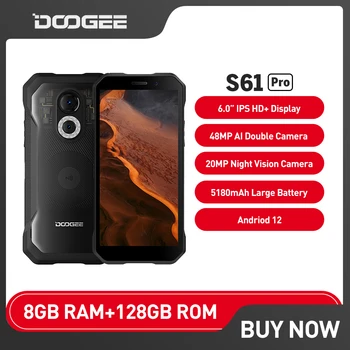 DOOGEE-S61 Pro Akıllı Telefon, 8GB, 128GB, Sağlam Cep Telefonu, 6,0 inç Ekran, 48MP Gece Görüş Kamerası, 5180mAh, Android 12
