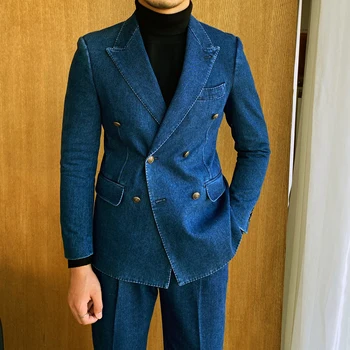 Doruğa Yaka Mavi Oxford Denim 2 Parça Erkek Takım Elbise Düğün Smokin Resmi Sigara Sağdıç Blazer + Pantolon Özelleştirilmiş Palto