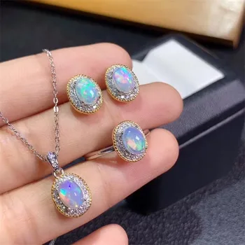 Doğal Opal Taş Çiçek Küpe Yüzük ve Kolye 3 Adet Takım Elbise Kadınlar için Gerçek 925 Ayar Gümüş güzel takı seti