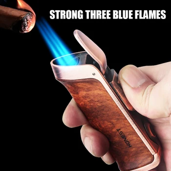 Dürüst Metal puro çakmağı Üçlü Mavi Alev Puro Vintage Gaz Bütan meşale Çakmak Puro Kesici Sigara erkek Hediye
