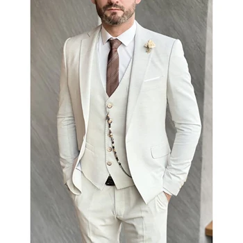 Düğün Damat Erkek Takım Elbise Bej Üç Parçalı Eğlence Ceket Pantolon Yelek Tek Göğüslü Çentikli Yaka Slim Fit Zarif Kıyafetler