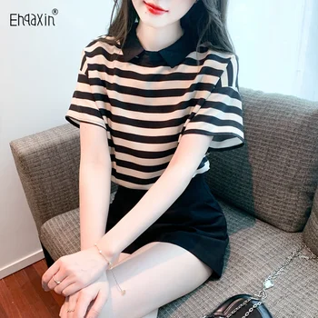 EHQAXIN 2023 Yaz Yeni kadın Üstleri Moda Kore Şerit Şifon Gömlek Casual Basit Gevşek Kısa Kollu Gömlek Kadın S-2XL