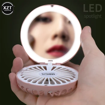 El katlanır güzellik aynası Led dolgu ışığı küçük Fan 2 in1 Mini USB şarj taşınabilir fırçasız dilsiz