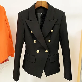 EN KALİTELİ Blazer Kadın 2021 İnce Siyah Blazer Ceket Takım Elbise Kadın Kruvaze Metal Aslan Düğme Blazer Veste Femme S-4XL