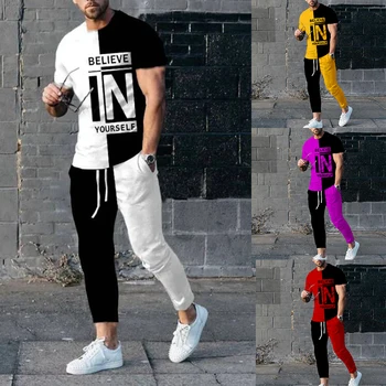 Erkek 2 Parça Setleri Büyük Boy Spor Takım Elbise Moda Kısa Kollu Gömlek + Pantolon Koşu Seti Erkek Giyim 2 Parça Setleri Kıyafet