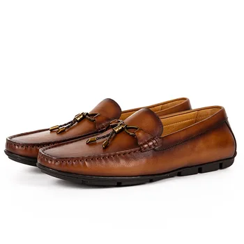 Erkek el yapımı düz iş ayakkabısı İngiliz rahat iş slip-on deri ayakkabı üst katman inek derisi loafer ayakkabılar erkekler için
