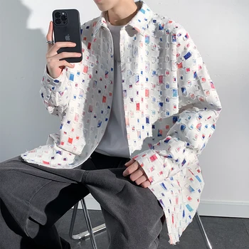 Erkek Gömlek Özel Tasarım Renkli Yırtık Yama Gömlek Kore Moda Rahat Büyük Boy Uzun Kollu Ceket Çift Gömlek Erkek Giydirin