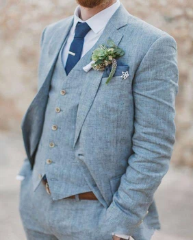 Erkek Keten İnce Takım Elbise Düğün Batı Slim Fit 3 parça Damat Smokin En İyi erkek Balo Takım Elbise (Ceket + Pantolon + Yelek) özelleştirme