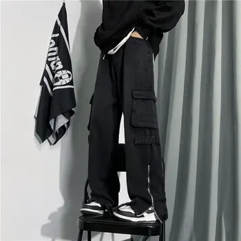 Erkek Kot Kore Moda Fermuar rahat pantolon Siyah Trendyol Kargo Pantolon Punk Streetwear Adam Harajuku Denim Y2k Hip Hop