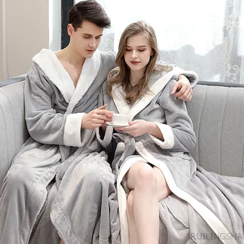 Erkekler Kış Artı Boyutu Uzun Rahat Flanel Bornoz Kimono Sıcak Mercan Flce bornoz Gece Kürk Elbiseler Sabahlık Kadın Slpwear