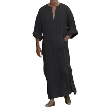Erkekler Orta Doğu Dashiki Uzun Elbise Düz Renk Yarım Kollu Cepler Yarık Kaftan Thobe Dubai rahat elbise Gömlek Üstleri Streetwear
