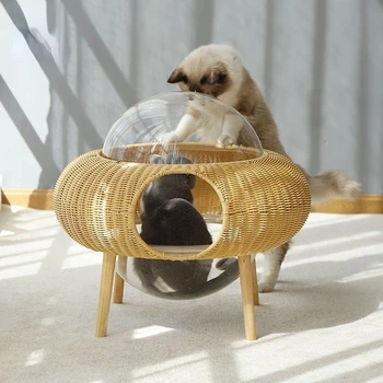 Evrensel Rattan Kedi Yuva Kış Sıcak Tamamen Kapalı Dört Mevsim Çıkarılabilir ve Yıkanabilir Kapsül Uzay Kedi Evi Villa Kedi Yatak