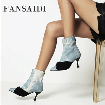 FANSAID Ayakkabı Kadın İçin 2023 Yeni Kış Moda Buzlu Ve Denim Çizmeler Geri Fermuar Seksi Sivri Burun yarım çizmeler Büyük Boy 47 48