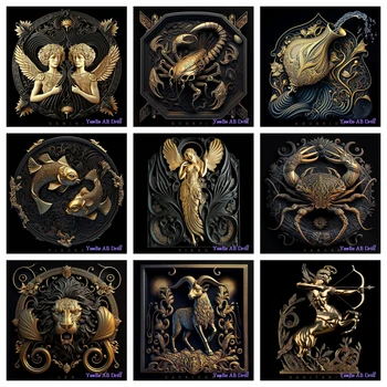 Fantezi Astroloji Altın burç DIY AB Matkap Elmas Sanat Boyama Oniki Takımyıldızı Mozaik Çapraz Dikiş El Sanatları Ev Dekorasyonu