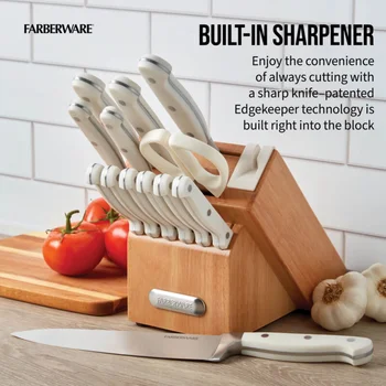 Farberware EdgeKeeper 14 Parça Dövme Üçlü Perçin Mutfak Bıçağı Blok Seti, Beyaz 2023 Yeni