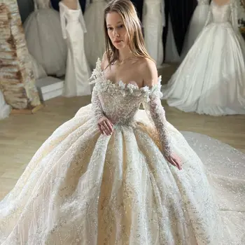 FATAPAESE Lüks düğün elbisesi Prenses Elbise Seksi Off-Omuz Boncuk Illusion Kollu Sweatheart Kabarık Gelin Balo плать