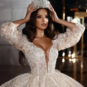 FATAPAESE Lüks düğün elbisesi Prenses Elbiseler V Yaka Boncuk Illusion Çiçek Kollu Sparkly Kristal kabarık etek Gelin Kıyafeti