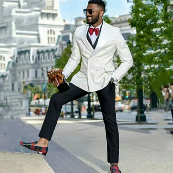 Fildişi Kruvaze Erkek Takım Elbise Düğün için Slim Fit Damat Smokin Resmi Balo Özel Blazer 2 Parça Ceket Yelek Pantolon