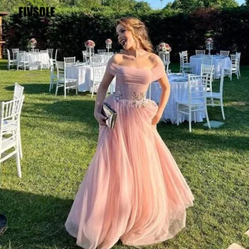 Fivsole Uzun Nakış balo kıyafetleri 2022 Kapalı Omuz Tül A-Line Pembe Arapça Abiye giyim Düğün Parti Elbise Mezuniyet için