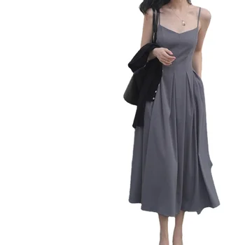 Fransız Vintage Askı Kadın Elbise 2023 İlkbahar Yaz Saf Desire V Yaka Elbise Çekilmiş Pilili Kat Bel Zayıflama MİDİ Etek