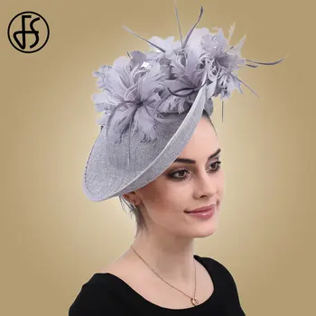 FS Fascinators Gri Kilise Sinamay Şapka Tüy fötr şapkalar Kadınlar Için Derby Kokteyl Parti Gelin Bayanlar kilise şapkaları