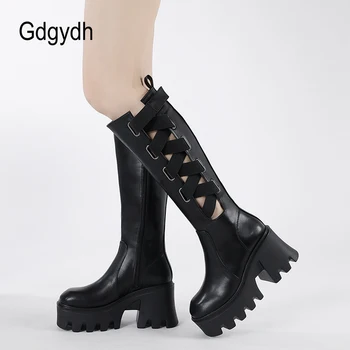 Gdgydh Orta Claf Çizmeler Diz Yüksek Çizmeler Kadınlar ıçin Moda Çapraz Bağlı Çift Platform Çizmeler Tıknaz Yüksek Topuk Oymak Yan Fermuar