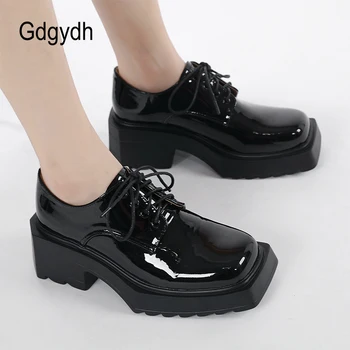 Gdgydh Patent Deri Oxford Ayakkabı Kadınlar ıçin Kare Ayak Lace up Tıknaz Topuklu Pompalar Platformu Oxfords Koleji okul ayakkabısı