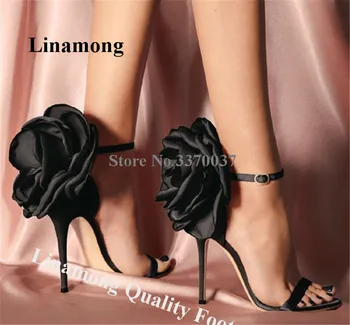 Geri Büyük Çiçek Dekore Sandalet Linamong Yeni Saten Şampanya Siyah Stiletto Topuk Parti Topuklu Ayak Bileği Kayışı Düğün Ayakkabı