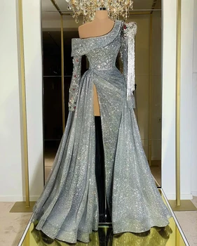 Gri Haute Couture balo kıyafetleri A-line Uzun Kollu Boncuklu Yarık Suudi Arabistan Dubai Robe De Soiree Abiye elbise