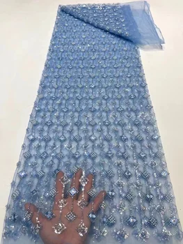 Gök Mavisi Afrika El Yapımı Boncuklu Dantel Kumaş 2023 Yüksek Kaliteli Nijeryalı Fransız 3D Çiçek Pullu tül kumaş Düğün İçin