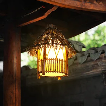 Güneydoğu Asya Çim Asma Bambu Dokuma Avize Yaratıcı Kişiselleştirilmiş Retro Restoran Balkon Koridor Avlu Bambu Lamba