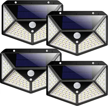 Güneş ışıkları açık 4 paket, 100LED / 3 modları 270° aydınlatma açısı hareket sensörü güvenlik ışıkları, IP65 su geçirmez duvar ışıkları güneş