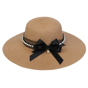 Güneş şapkası İnci Kadın Plaj Güneş hasır şapka İnci Dantel İlmek Bayan güneş şapkası Packable Tatil Plaj Aksesuarları