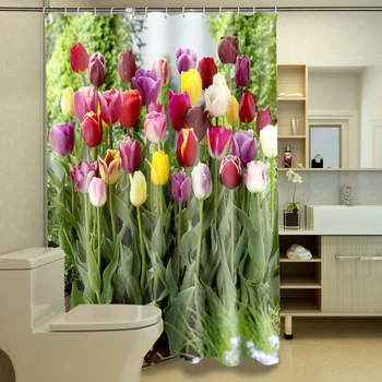 Güzel Ve Güzel Flowersr Desen Polyester Kumaş Su Geçirmez Duş Perdesi Çevre Dostu Banyo Perdesi Ev