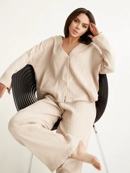Haki Saf Pamuklu Pijama V Yaka Tek Göğüslü Geniş Bacak Pantolon Pantolon Takım Elbise Damla Kollu Seti Kadın 2 Parça Loungewear