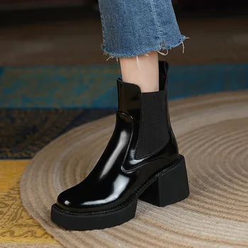 Hakiki Deri Tıknaz Topuklu yarım çizmeler Kadın platform ayakkabılar Sonbahar Kış Bayanlar Siyah Chelsea kısa çizmeler Ayakkabı Bottine Femme