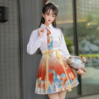 Hanfu Çin Geleneksel Elbise Etek Takım Elbise Modifiye Kolej Tarzı Öğrenciler JK Gömlek Pilili Etek Bahar Sonbahar kadın Giysileri