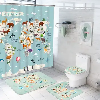 Hayvan Dünya Haritası Duş perde seti Kaymaz Halılar ile Tuvalet kapak Banyo Paspas Çocuk Eğitim Coğrafya Banyo perde seti