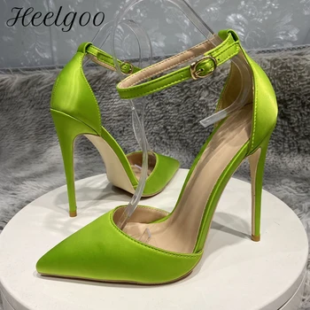 Heelgoo Yeşil Saten Kadın Ayak Bileği Kayışı Sivri Burun D ' Orsay Yüksek Topuk Düğün Bridemaids Ayakkabı Zarif Stiletto Pompaları Boyutu 33-46