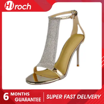 HiRoch Moda Yaz 8 cm Rhinestone Sandalet kadın Bir Kelime Toka Seksi Stiletto Akşam Ayakkabı Altın