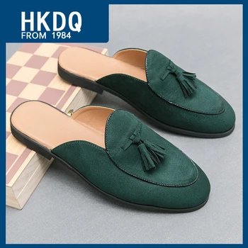 HKDQ Yaz Yeşil Püsküller Slip-on erkek deri ayakkabı Moda Nefes Erkek Katır Rahat kaymaz rahat ayakkabılar erkekler İçin