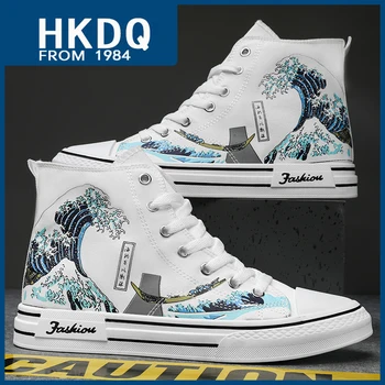 HKDQ Yeni Sonbahar Yüksek Top erkek kanvas ayakkabılar Moda Baskı Beyaz Erkekler vulkanizasyon ayakkabı kaymaz Erkek Rahat Kaykay Ayakkabı