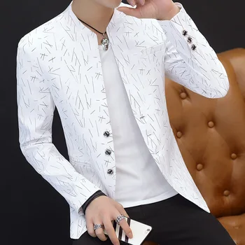 HOO 2023 erkek Sonbahar Baskı Yaldız Standı Yaka blazer Gençlik İnce Yakışıklı Moda Üç Düğme blazer