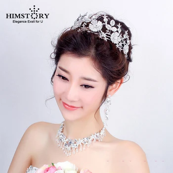 Hımstory Köpüklü Rhinestones Tiaras Taç Elegance Gelin Takı Çiçek Yaprak düğün aksesuarı Prenses Saç Hairwear