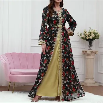 ICCLEK Arapça Elbise Fas Abaya Kadın 2 Parça Set Çiçek Nakış Elbise müslüman Kaftan Femme Kadın Müslüman Kleider