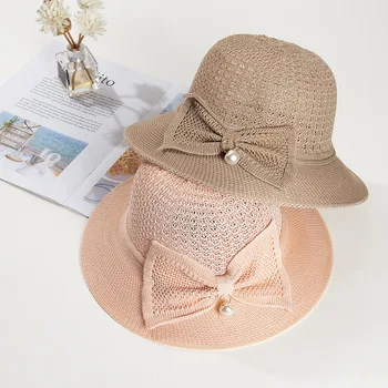 Inci İlmek Hasır Kadın Şapka Geniş kenarlı şapka Kadın Yaz Güneş koruma şapkaları Yay Kova Şapka Katlanabilir Tatil Plaj güneş şapkası