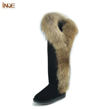 INOE Doğal Tilki Kürk İnek Süet Deri Diz Üzerinde Uzun Kış Çizmeler Kadınlar için Kar Botları Sıcak Ayakkabı Yüksek Kalite Siyah 35-44
