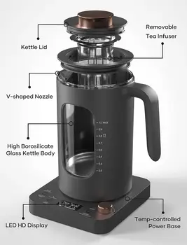 INTASTİNG geniş açılış cam su ısıtıcısı ile çay demlik, 9 akıllı hafızalı, Otomatik bellek, dilsiz, 1200 W hızlı ısıtma, BPA ıçermeyen, kolay