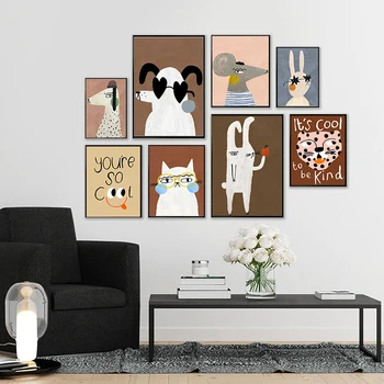 Iskandinav Retro Sevimli Tavşan Leopar Köpek Kedi duvar sanatı tuval yağlıboya Posterler ve Baskılar duvar sanatı Resimleri ıçin Çocuk Odası Ev Dekor